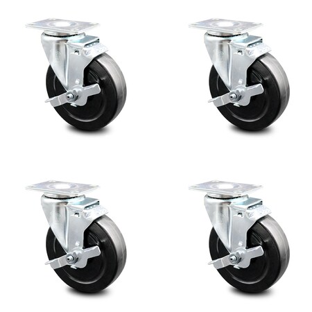 Service Caster 5 Inch Hard Rubber Wheel Swivel Top Plate Caster Set with Brake SCC-20S514-HRS-TLB-4